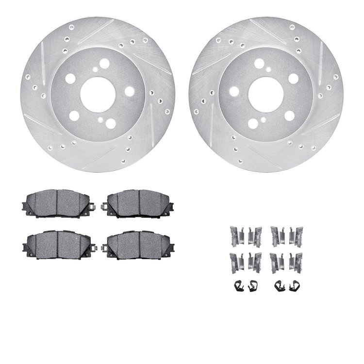 7512-76185 Drilled/Slotted Brake Rotors w/5000 Advanced Brake Pads Kit & Hardware [Silver], Fits Select Lexus/Toyota/Scion, Posi