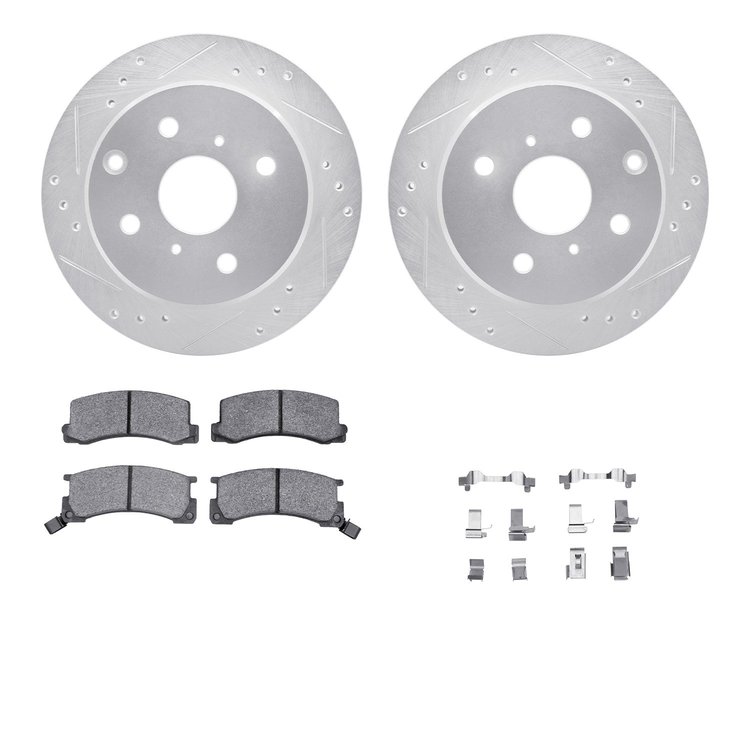 7512-76194 Drilled/Slotted Brake Rotors w/5000 Advanced Brake Pads Kit & Hardware [Silver], 1982-1985 Lexus/Toyota/Scion, Positi