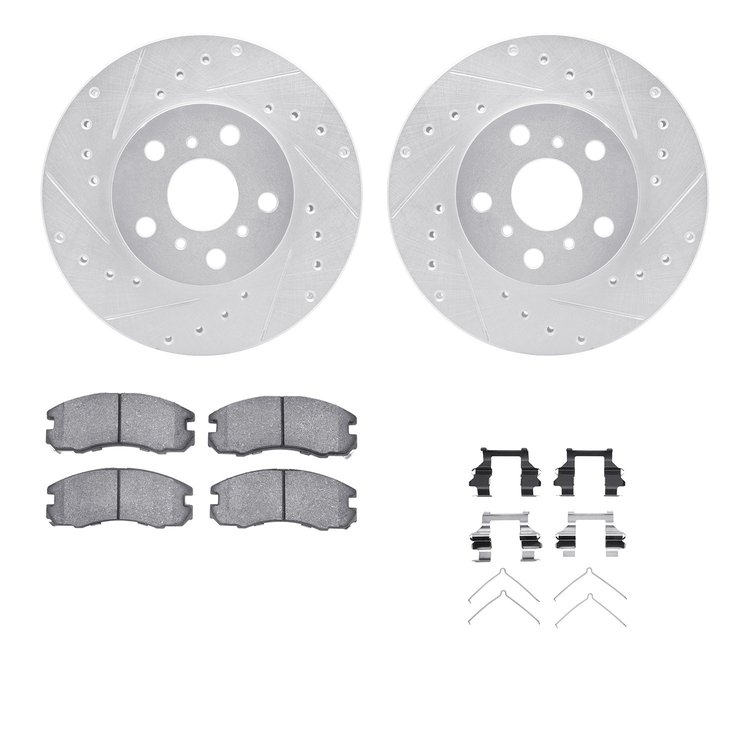 7512-76196 Drilled/Slotted Brake Rotors w/5000 Advanced Brake Pads Kit & Hardware [Silver], 1988-1989 Lexus/Toyota/Scion, Positi