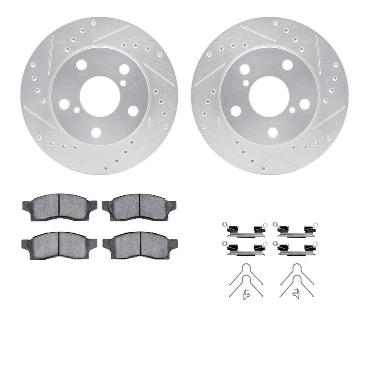 7512-76198 Drilled/Slotted Brake Rotors w/5000 Advanced Brake Pads Kit & Hardware [Silver], 1991-1991 Lexus/Toyota/Scion, Positi