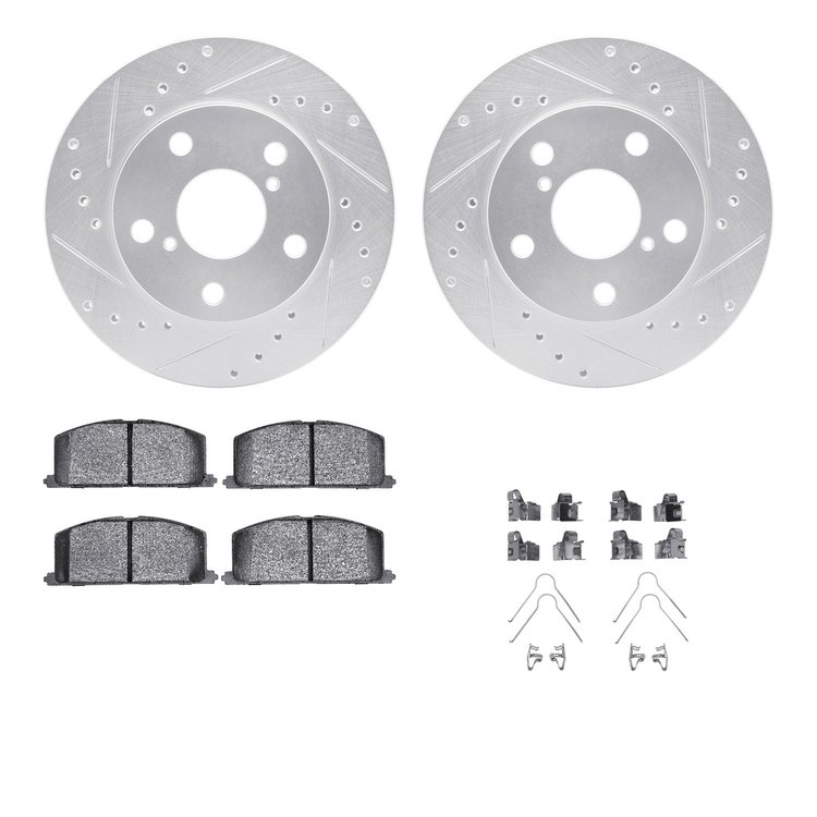 7512-76199 Drilled/Slotted Brake Rotors w/5000 Advanced Brake Pads Kit & Hardware [Silver], 1991-1995 Lexus/Toyota/Scion, Positi