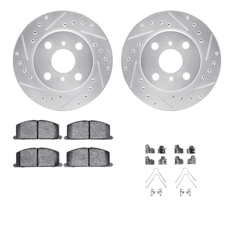 7512-76215 Drilled/Slotted Brake Rotors w/5000 Advanced Brake Pads Kit & Hardware [Silver], 1986-1989 Lexus/Toyota/Scion, Positi