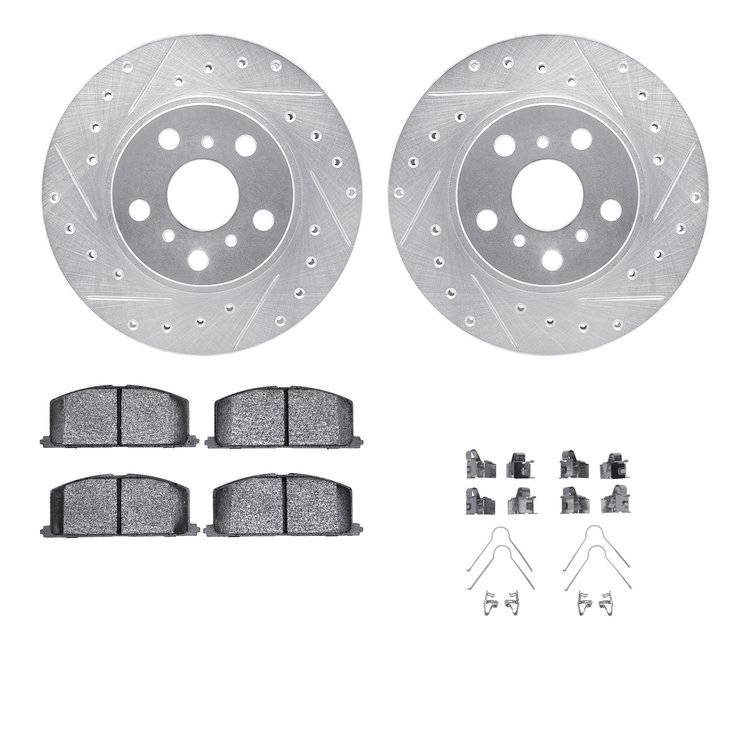 7512-76221 Drilled/Slotted Brake Rotors w/5000 Advanced Brake Pads Kit & Hardware [Silver], 1986-1989 Lexus/Toyota/Scion, Positi