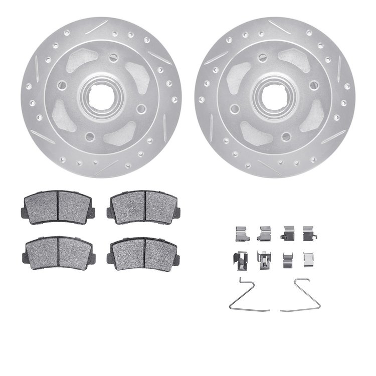 7512-80000 Drilled/Slotted Brake Rotors w/5000 Advanced Brake Pads Kit & Hardware [Silver], 1980-1983 Ford/Lincoln/Mercury/Mazda
