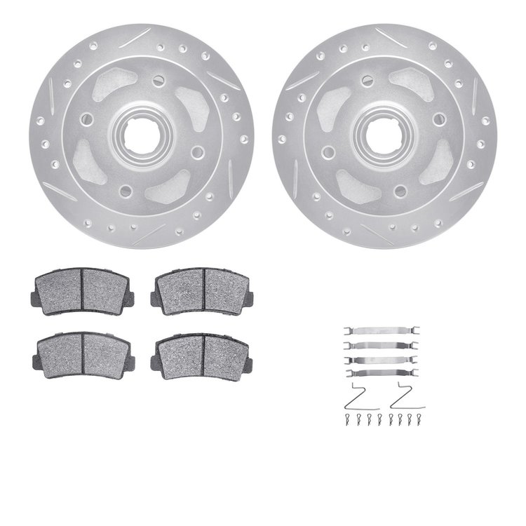 7512-80001 Drilled/Slotted Brake Rotors w/5000 Advanced Brake Pads Kit & Hardware [Silver], 1979-1979 Ford/Lincoln/Mercury/Mazda