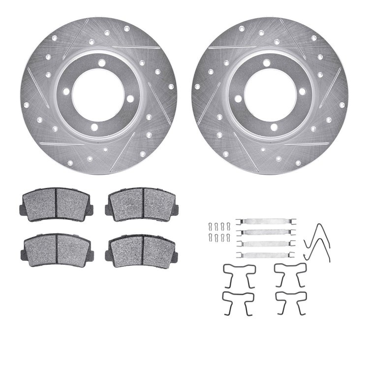 7512-80004 Drilled/Slotted Brake Rotors w/5000 Advanced Brake Pads Kit & Hardware [Silver], 1974-1984 Ford/Lincoln/Mercury/Mazda