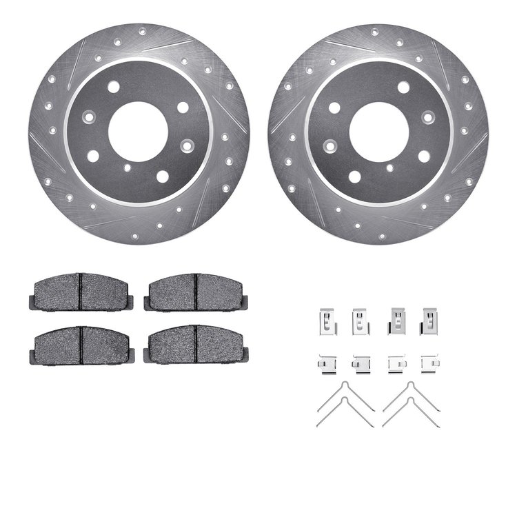 7512-80007 Drilled/Slotted Brake Rotors w/5000 Advanced Brake Pads Kit & Hardware [Silver], 1986-1988 Ford/Lincoln/Mercury/Mazda