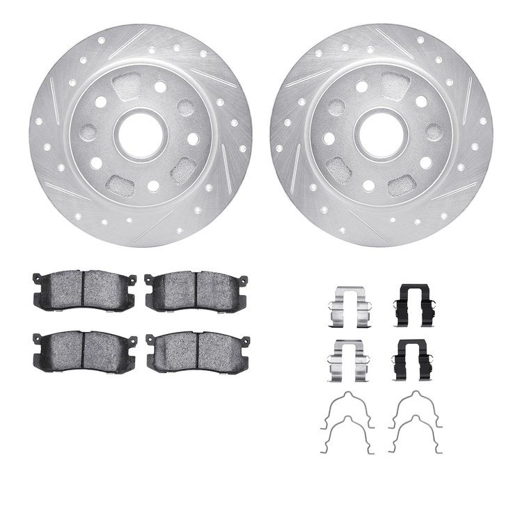 7512-80010 Drilled/Slotted Brake Rotors w/5000 Advanced Brake Pads Kit & Hardware [Silver], 1988-1992 Ford/Lincoln/Mercury/Mazda