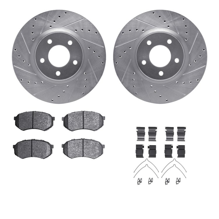 7512-80012 Drilled/Slotted Brake Rotors w/5000 Advanced Brake Pads Kit & Hardware [Silver], 1988-1991 Ford/Lincoln/Mercury/Mazda