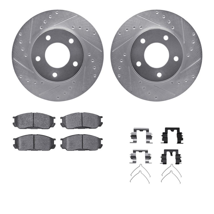 7512-80017 Drilled/Slotted Brake Rotors w/5000 Advanced Brake Pads Kit & Hardware [Silver], 1992-1995 Ford/Lincoln/Mercury/Mazda
