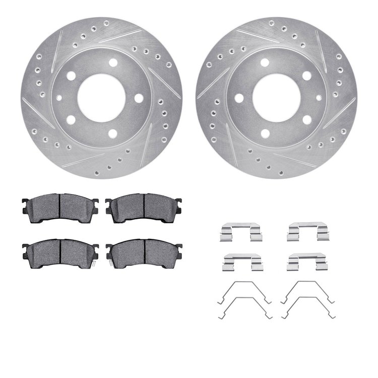 7512-80018 Drilled/Slotted Brake Rotors w/5000 Advanced Brake Pads Kit & Hardware [Silver], 1998-2003 Ford/Lincoln/Mercury/Mazda