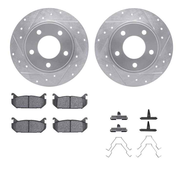 7512-80019 Drilled/Slotted Brake Rotors w/5000 Advanced Brake Pads Kit & Hardware [Silver], 1993-1997 Ford/Lincoln/Mercury/Mazda