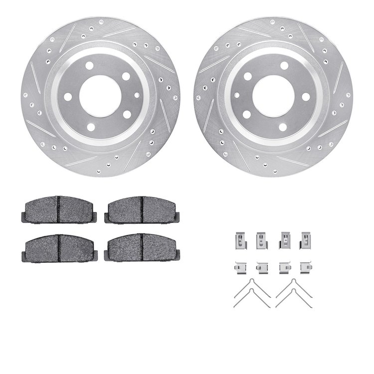 7512-80022 Drilled/Slotted Brake Rotors w/5000 Advanced Brake Pads Kit & Hardware [Silver], 1993-1995 Ford/Lincoln/Mercury/Mazda