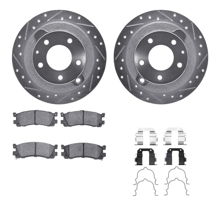 7512-80023 Drilled/Slotted Brake Rotors w/5000 Advanced Brake Pads Kit & Hardware [Silver], 1995-2002 Ford/Lincoln/Mercury/Mazda