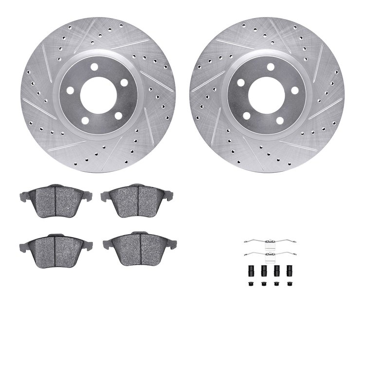 7512-80038 Drilled/Slotted Brake Rotors w/5000 Advanced Brake Pads Kit & Hardware [Silver], 2007-2013 Ford/Lincoln/Mercury/Mazda