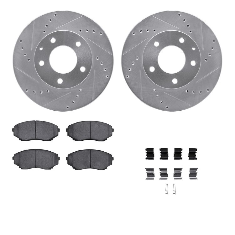 7512-80047 Drilled/Slotted Brake Rotors w/5000 Advanced Brake Pads Kit & Hardware [Silver], 1992-1995 Ford/Lincoln/Mercury/Mazda