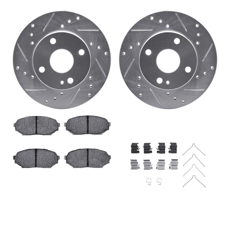 7512-80092 Drilled/Slotted Brake Rotors w/5000 Advanced Brake Pads Kit & Hardware [Silver], 1990-1993 Ford/Lincoln/Mercury/Mazda