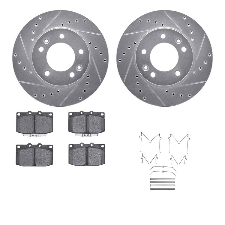 7512-80101 Drilled/Slotted Brake Rotors w/5000 Advanced Brake Pads Kit & Hardware [Silver], 1986-1991 Ford/Lincoln/Mercury/Mazda