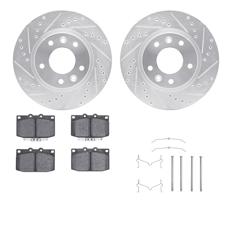 7512-80103 Drilled/Slotted Brake Rotors w/5000 Advanced Brake Pads Kit & Hardware [Silver], 1993-1995 Ford/Lincoln/Mercury/Mazda