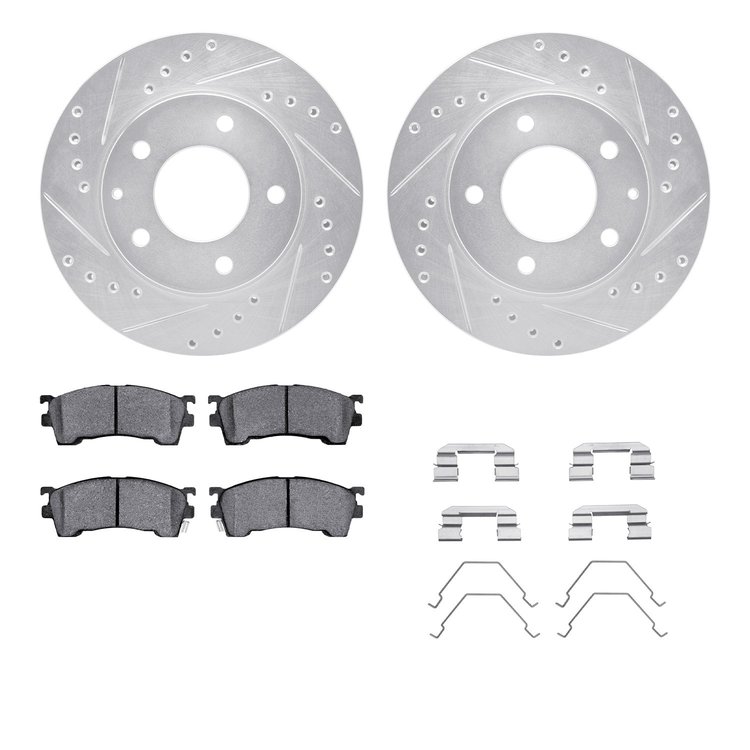 7512-80142 Drilled/Slotted Brake Rotors w/5000 Advanced Brake Pads Kit & Hardware [Silver], 1993-1997 Ford/Lincoln/Mercury/Mazda