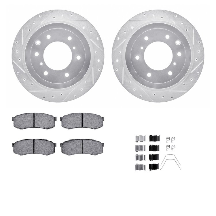 7512-92002 Drilled/Slotted Brake Rotors w/5000 Advanced Brake Pads Kit & Hardware [Silver], 2008-2014 Mitsubishi, Position: Rear