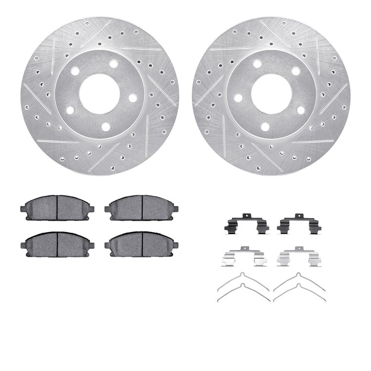 7512-92004 Drilled/Slotted Brake Rotors w/5000 Advanced Brake Pads Kit & Hardware [Silver], 2002-2007 Infiniti/Nissan, Position: