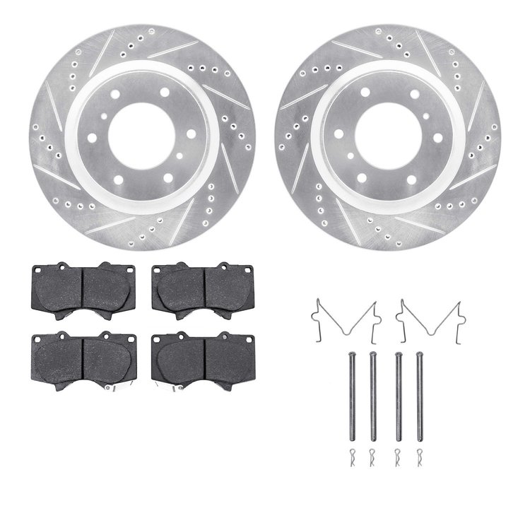 7512-92007 Drilled/Slotted Brake Rotors w/5000 Advanced Brake Pads Kit & Hardware [Silver], 2008-2017 Mitsubishi, Position: Fron