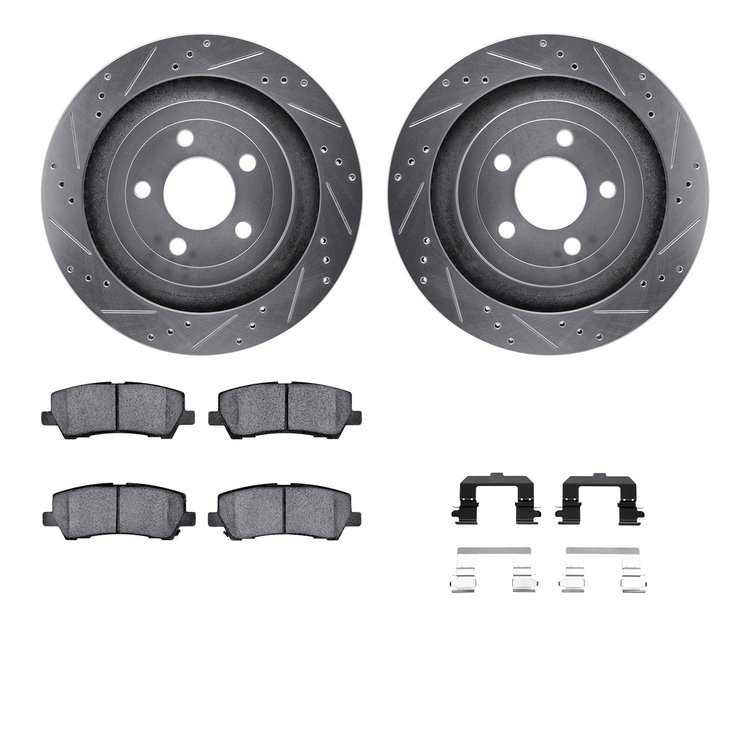 7512-99140 Drilled/Slotted Brake Rotors w/5000 Advanced Brake Pads Kit & Hardware [Silver], Fits Select Ford/Lincoln/Mercury/Maz