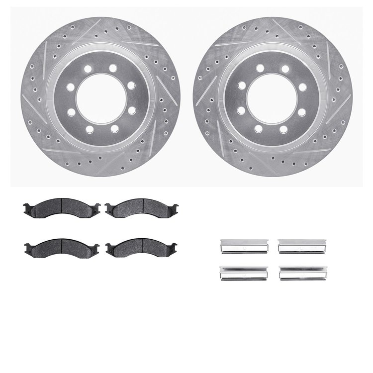 7512-99248 Drilled/Slotted Brake Rotors w/5000 Advanced Brake Pads Kit & Hardware [Silver], 1992-1994 Ford/Lincoln/Mercury/Mazda