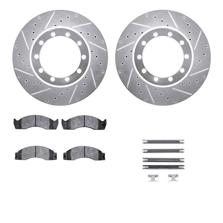 7512-99272 Drilled/Slotted Brake Rotors w/5000 Advanced Brake Pads Kit & Hardware [Silver], 1988-1998 Ford/Lincoln/Mercury/Mazda