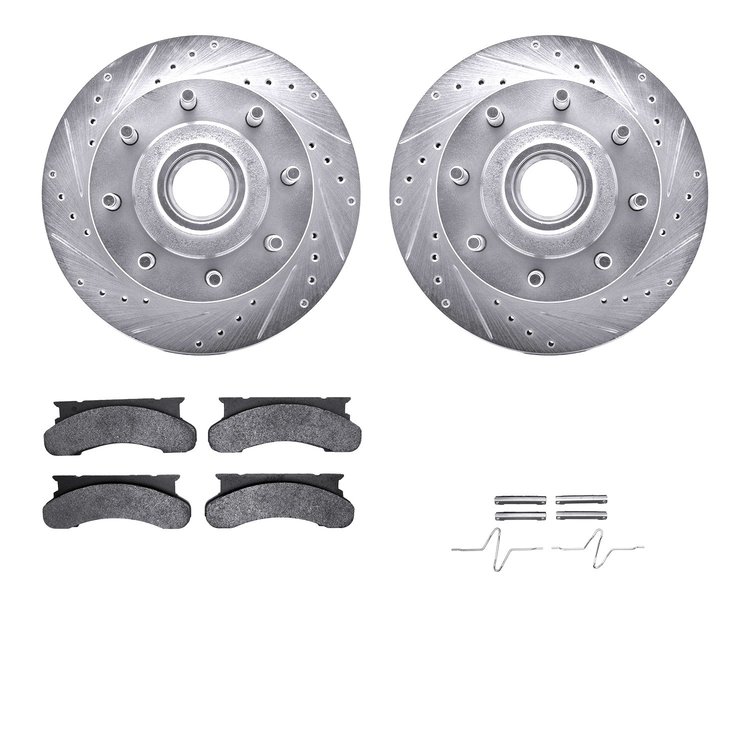 7512-99299 Drilled/Slotted Brake Rotors w/5000 Advanced Brake Pads Kit & Hardware [Silver], 1986-1994 Ford/Lincoln/Mercury/Mazda