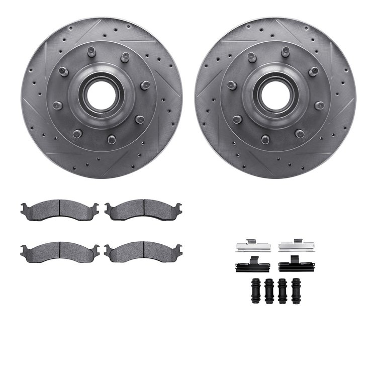 7512-99333 Drilled/Slotted Brake Rotors w/5000 Advanced Brake Pads Kit & Hardware [Silver], 1995-2007 Ford/Lincoln/Mercury/Mazda