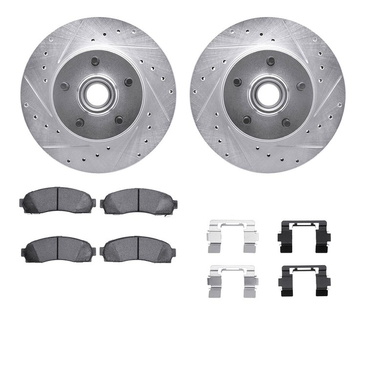 7512-99348 Drilled/Slotted Brake Rotors w/5000 Advanced Brake Pads Kit & Hardware [Silver], 2003-2011 Ford/Lincoln/Mercury/Mazda