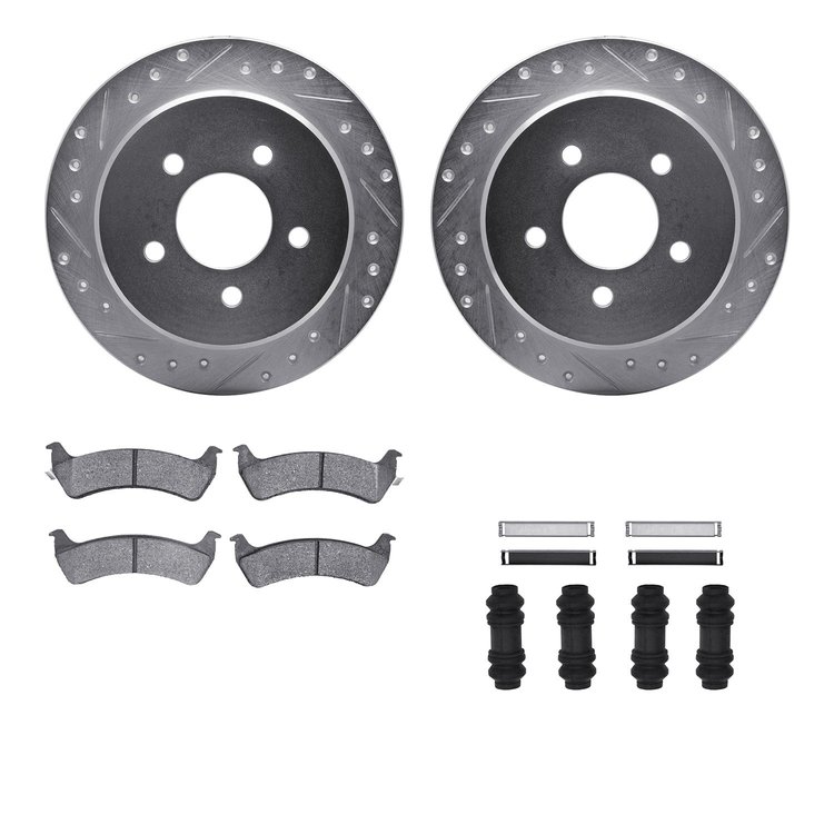 7512-99357 Drilled/Slotted Brake Rotors w/5000 Advanced Brake Pads Kit & Hardware [Silver], 2001-2002 Ford/Lincoln/Mercury/Mazda