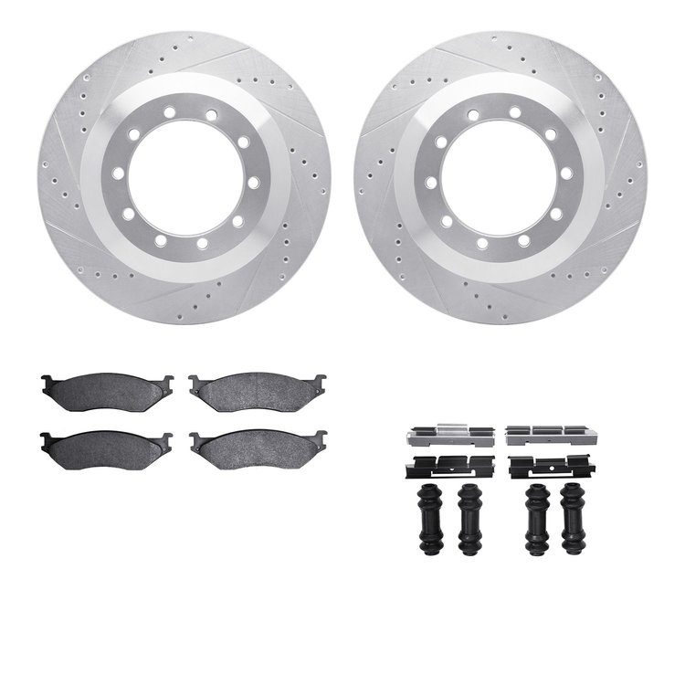 7512-99414 Drilled/Slotted Brake Rotors w/5000 Advanced Brake Pads Kit & Hardware [Silver], 1999-2004 Ford/Lincoln/Mercury/Mazda