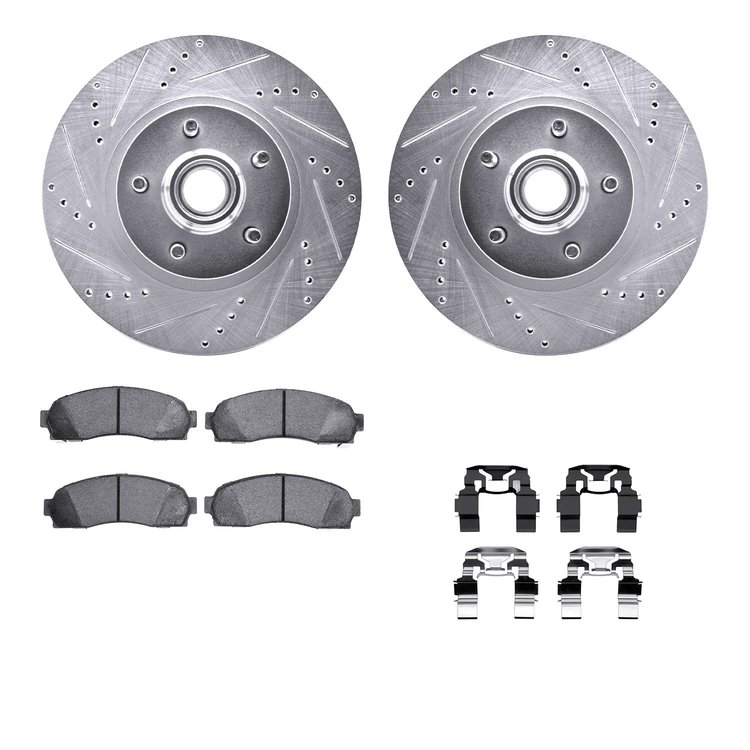 7512-99468 Drilled/Slotted Brake Rotors w/5000 Advanced Brake Pads Kit & Hardware [Silver], 2001-2002 Ford/Lincoln/Mercury/Mazda