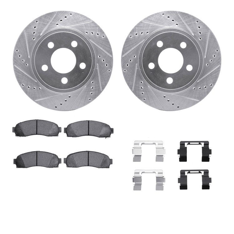 7512-99480 Drilled/Slotted Brake Rotors w/5000 Advanced Brake Pads Kit & Hardware [Silver], 2003-2011 Ford/Lincoln/Mercury/Mazda