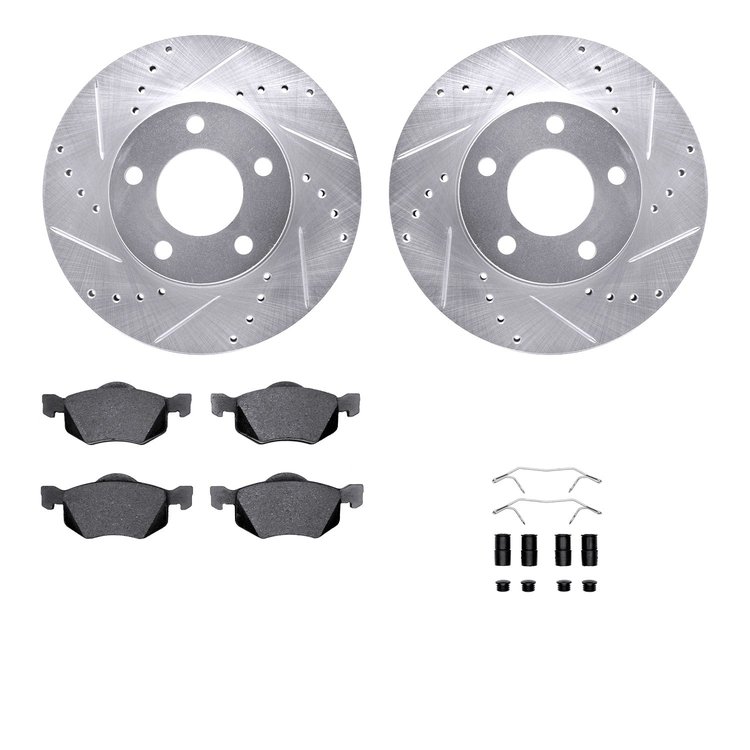 7512-99486 Drilled/Slotted Brake Rotors w/5000 Advanced Brake Pads Kit & Hardware [Silver], 2001-2005 Ford/Lincoln/Mercury/Mazda