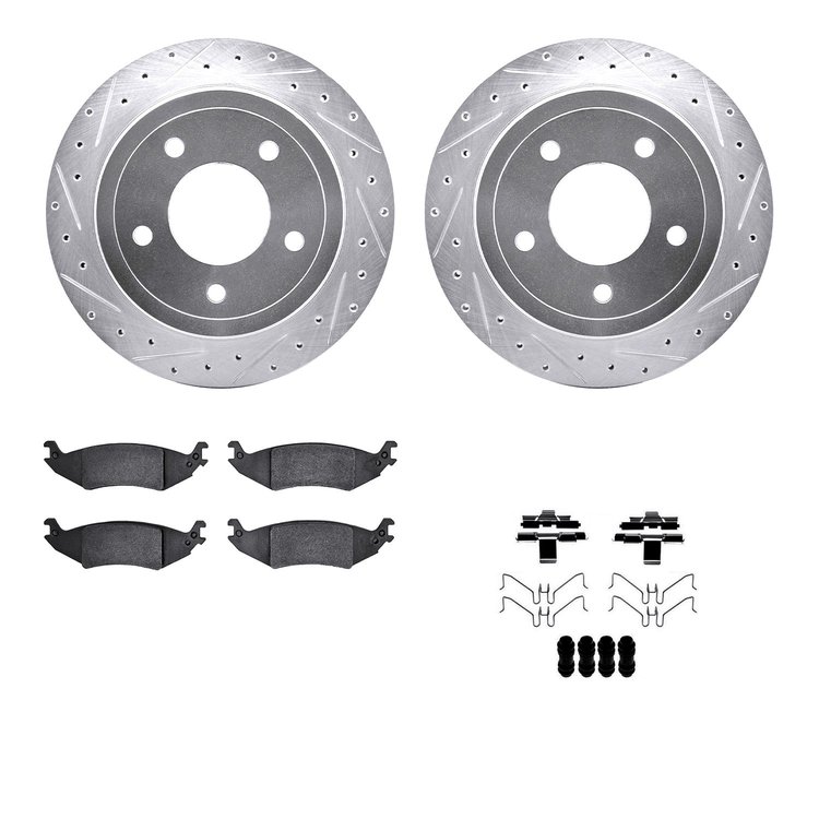 7512-99549 Drilled/Slotted Brake Rotors w/5000 Advanced Brake Pads Kit & Hardware [Silver], 2004-2006 Ford/Lincoln/Mercury/Mazda