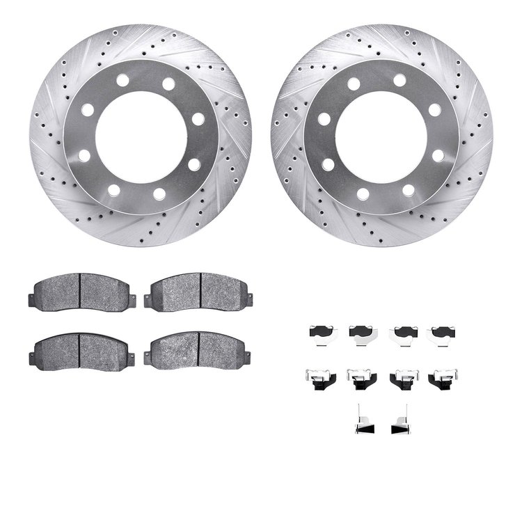 7512-99570 Drilled/Slotted Brake Rotors w/5000 Advanced Brake Pads Kit & Hardware [Silver], 2005-2012 Ford/Lincoln/Mercury/Mazda