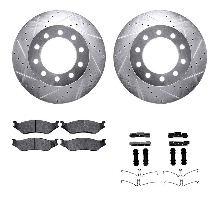 7512-99573 Drilled/Slotted Brake Rotors w/5000 Advanced Brake Pads Kit & Hardware [Silver], 2005-2016 Ford/Lincoln/Mercury/Mazda