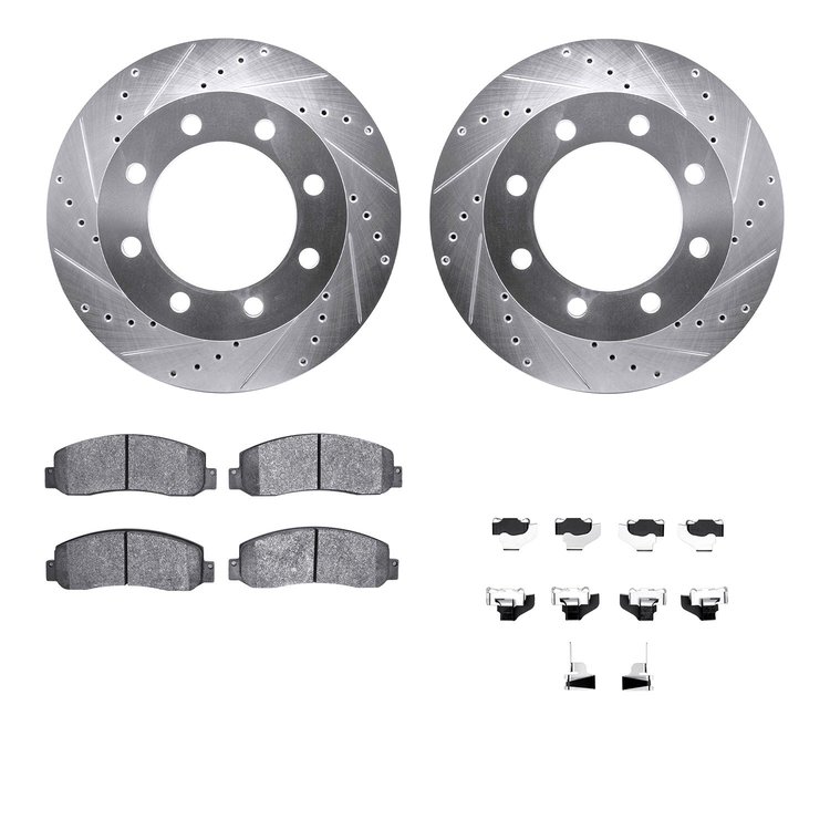 7512-99576 Drilled/Slotted Brake Rotors w/5000 Advanced Brake Pads Kit & Hardware [Silver], 2005-2011 Ford/Lincoln/Mercury/Mazda