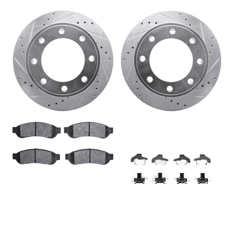 7512-99582 Drilled/Slotted Brake Rotors w/5000 Advanced Brake Pads Kit & Hardware [Silver], 2006-2010 Ford/Lincoln/Mercury/Mazda