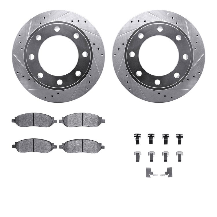 7512-99583 Drilled/Slotted Brake Rotors w/5000 Advanced Brake Pads Kit & Hardware [Silver], 2005-2007 Ford/Lincoln/Mercury/Mazda