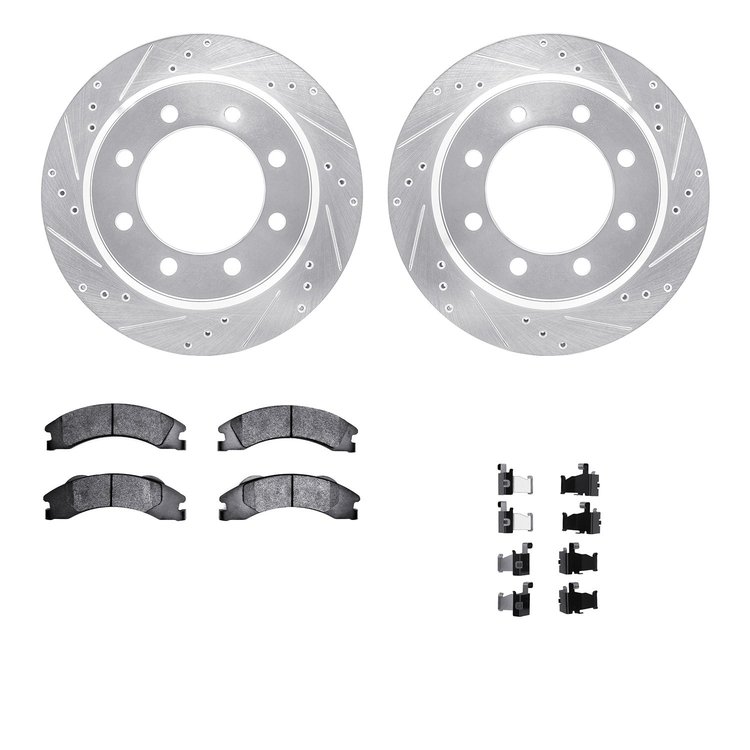 7512-99633 Drilled/Slotted Brake Rotors w/5000 Advanced Brake Pads Kit & Hardware [Silver], Fits Select Ford/Lincoln/Mercury/Maz
