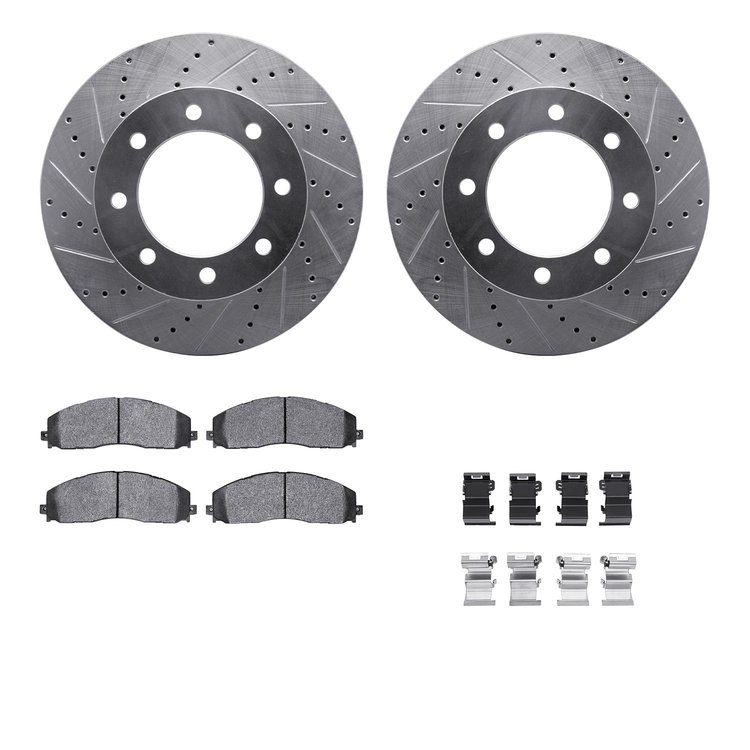7512-99675 Drilled/Slotted Brake Rotors w/5000 Advanced Brake Pads Kit & Hardware [Silver], Fits Select Ford/Lincoln/Mercury/Maz