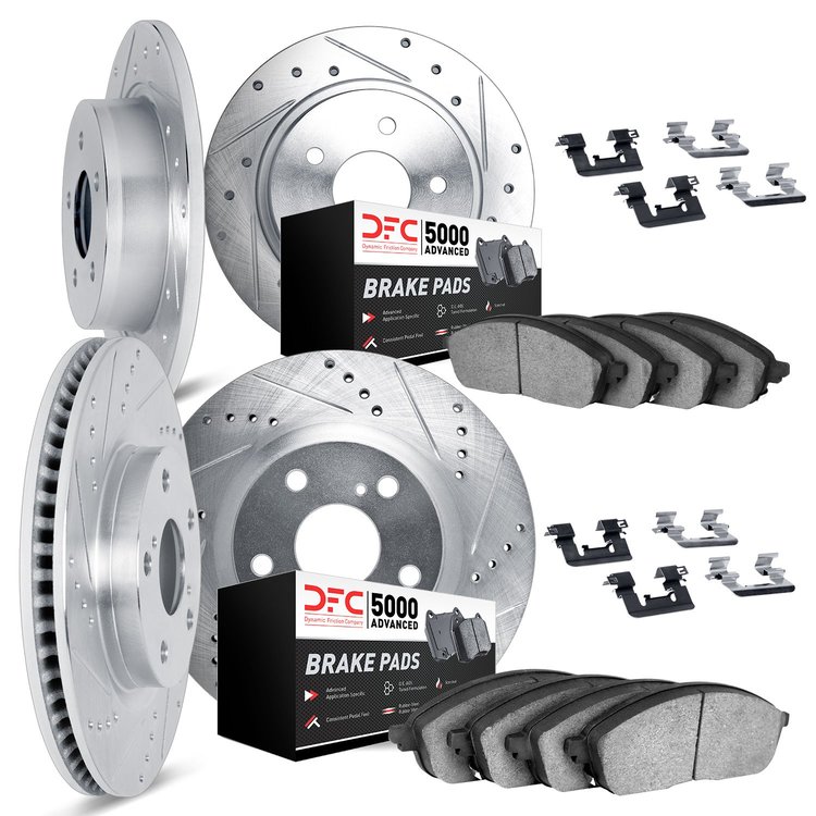 7514-32012 Drilled/Slotted Brake Rotors w/5000 Advanced Brake Pads Kit & Hardware [Silver], Fits Select Mini, Position: Front an