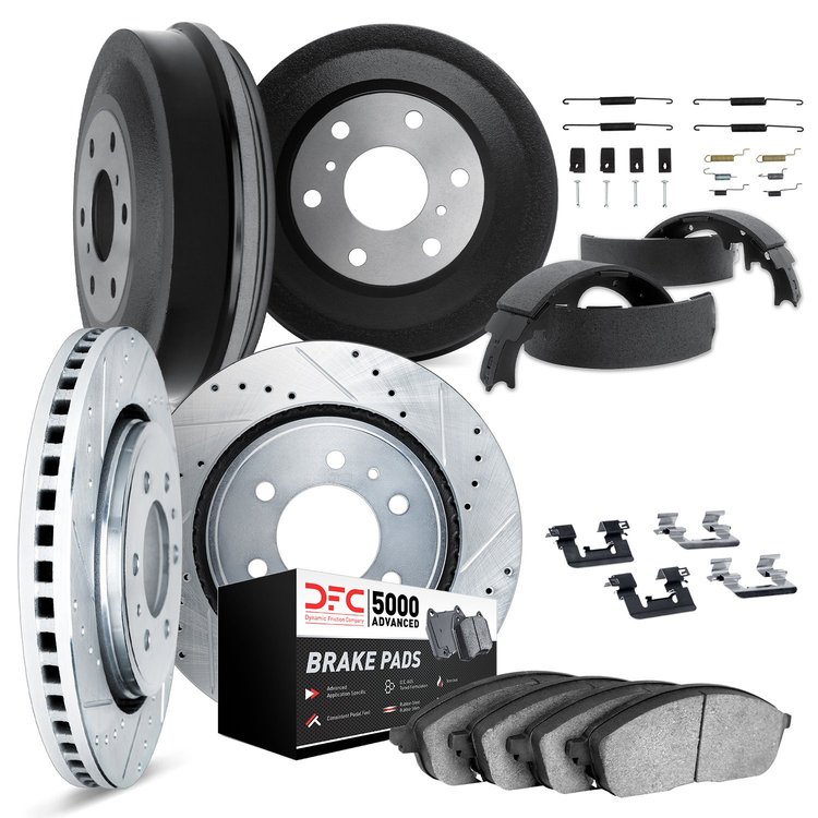 7514-47277 Drilled/Slotted Brake Rotors w/5000 Advanced Brake Pads/Drums/Shoes & Hardware Kit [Silver], 2004-2008 GM, Position: 