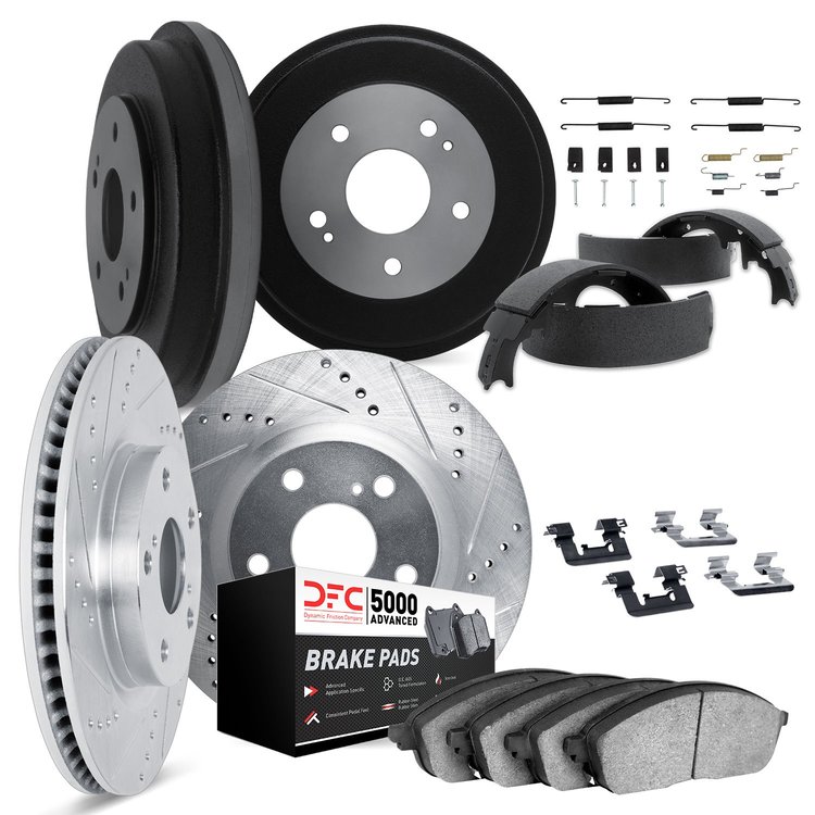 7514-52000 Drilled/Slotted Brake Rotors w/5000 Advanced Brake Pads/Drums/Shoes & Hardware Kit [Silver], 2003-2008 Multiple Makes