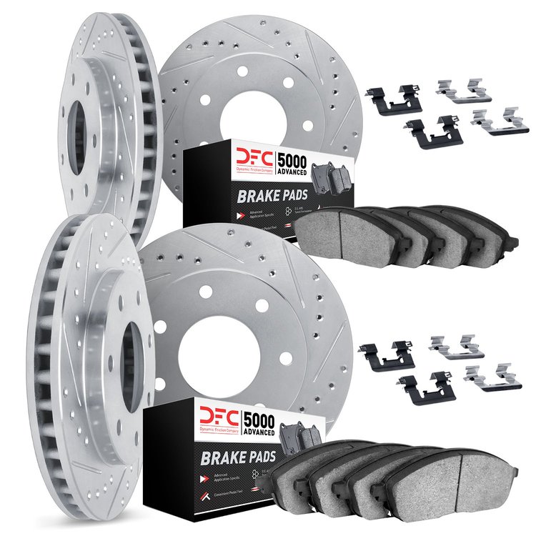 7514-54111 Drilled/Slotted Brake Rotors w/5000 Advanced Brake Pads Kit & Hardware [Silver], 2012-2014 Ford/Lincoln/Mercury/Mazda
